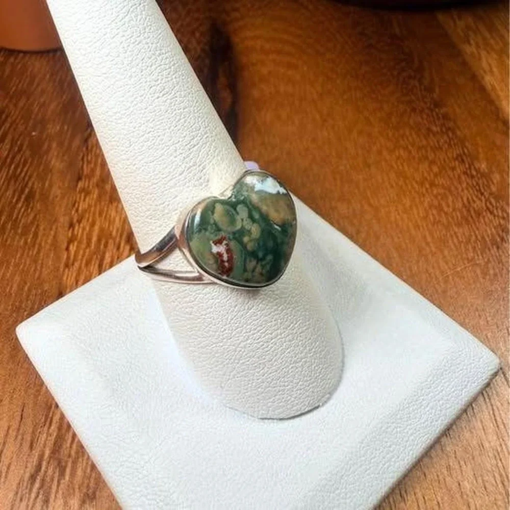 Ocean Jasper Heart Ring - Size 9 - .925 sterling silver.
